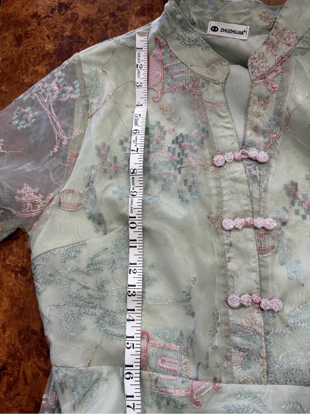 Embroidered Tie-Waist Midi Dress in Sage Green - Picture 12 of 16